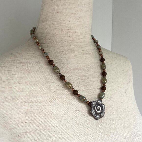 Sterling Silver 925 Floral Flower Bronze Green Glass Beaded Necklace 19.5" - Picture 6 of 16